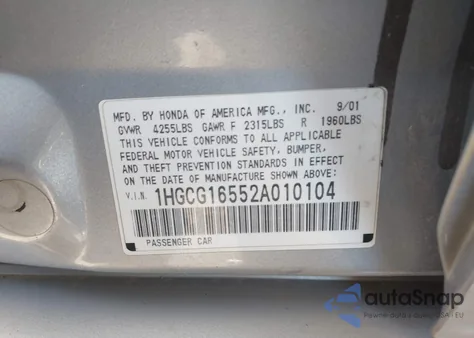 2002 Honda Accord Sdn Ex W/Leather from USA, damaged, VIN 1HGCG16552A010104